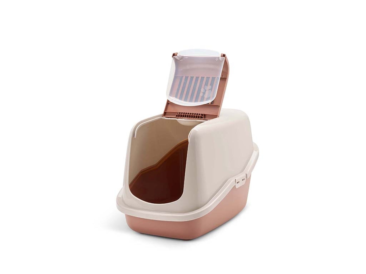 Savic Nestor Cat Litter Box with Flap Door - Champagne Pink/Tuscan Red