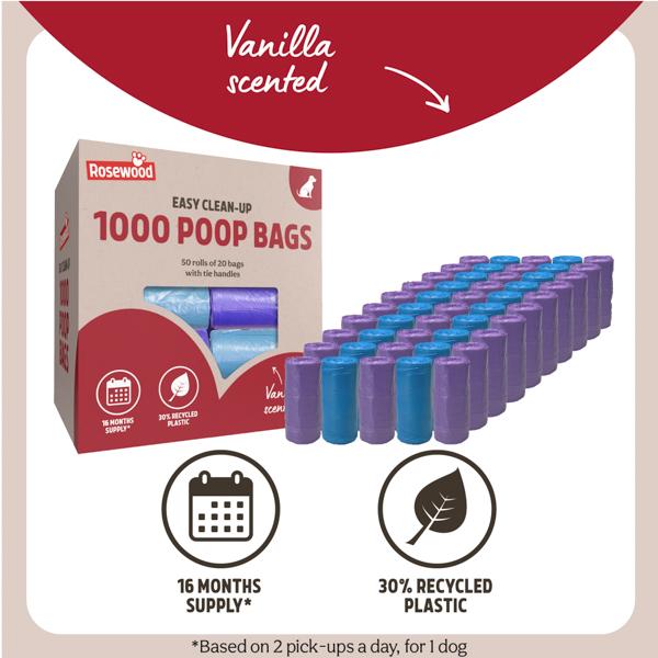 1000 Poop Bags - 40 Rolls of 25 Bags With Tie Handles