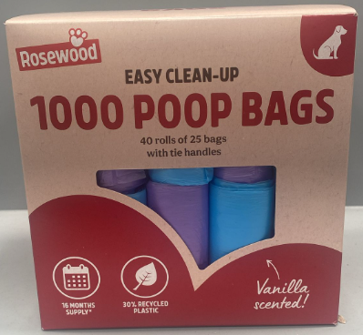 1000 Poop Bags - 40 Rolls of 25 Bags With Tie Handles