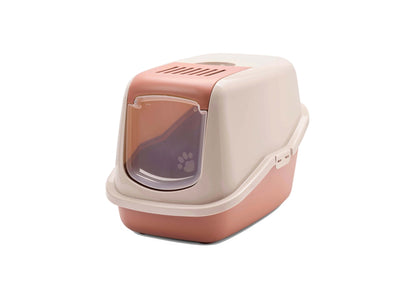 Savic Nestor Cat Litter Box with Flap Door - Champagne Pink/Tuscan Red