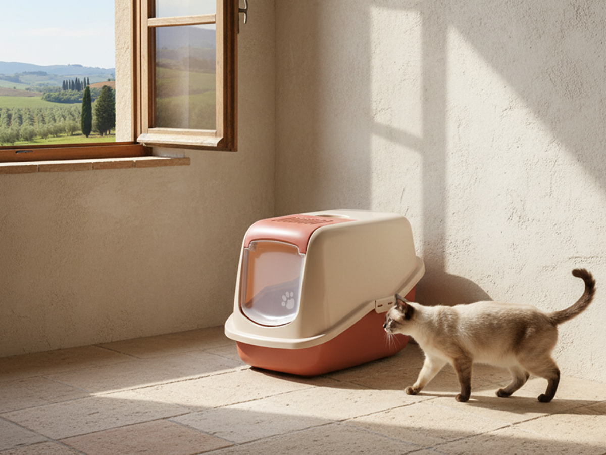 Savic Nestor Cat Litter Box with Flap Door - Champagne Pink/Tuscan Red