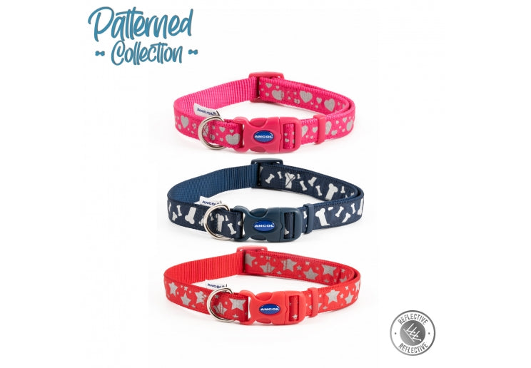 Bone Patterned Navy Reflective Collar Size 1-2