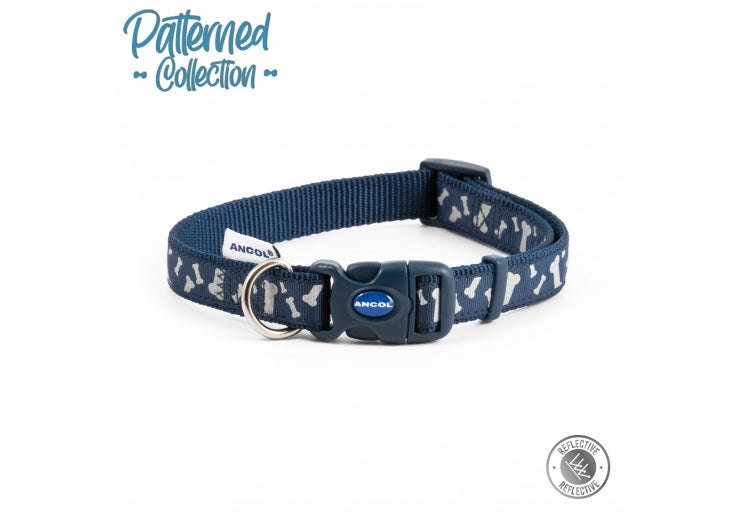 Bone Patterned Navy Reflective Collar Size 1-2